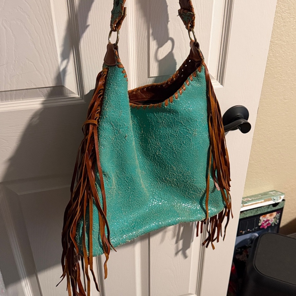 Kurtmen Turquoise and Brown Fringe Women's Bag